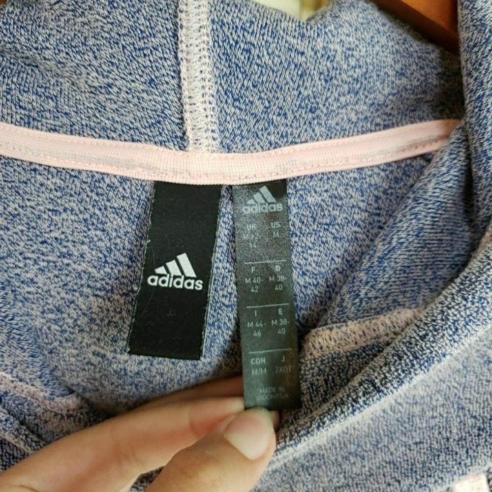 Adidas Hoodie Womens Medium Blue Terry Logo Pullover Thumbhole Drawcord Hem - Picture 6 of 10